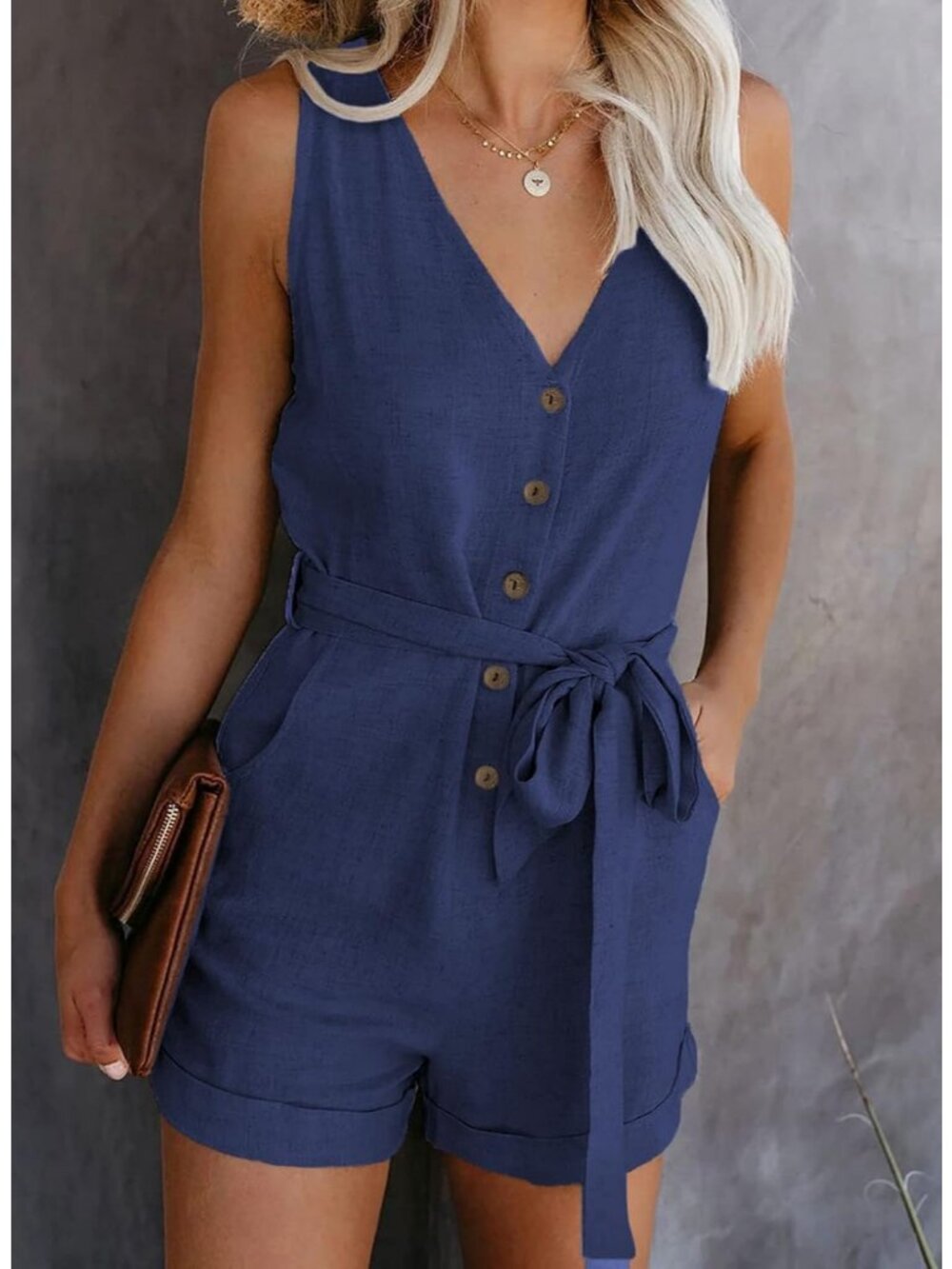 Women Royal Blue Casual Summer V Neck Button Down Ruffle Sleeveless Short Romper - Picture 3 of 4